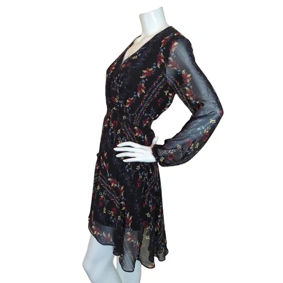 Guess Black Floral Faux Wrap Long Sleeve Mini Dress (no belt) - Picture 6 of 16